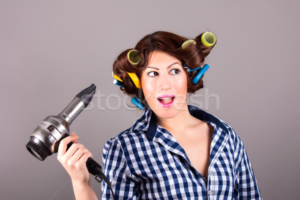 Foto stock: Nina · pelo · soplador · retrato · mujer · sonrisa