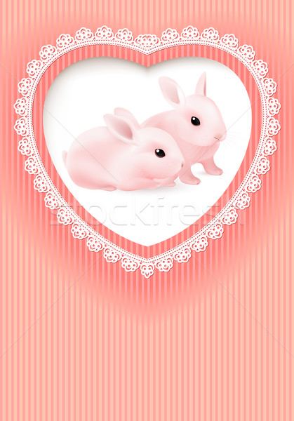 Zdjęcia stock: Dwa · króliki · kartkę · z · życzeniami · serca · różowy · dziewczyna