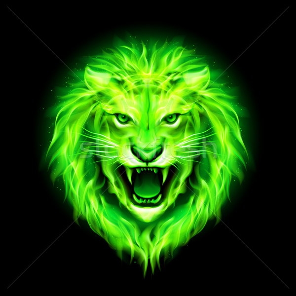 [[stock_photo]]: Tête · feu · lion · agressif · vert · isolé