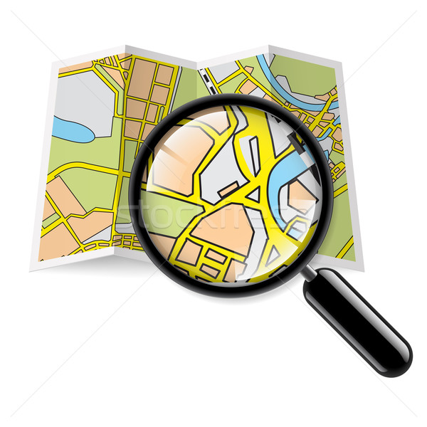 Foto stock: Mapa · folheto · zoom · cidade · lupa · branco