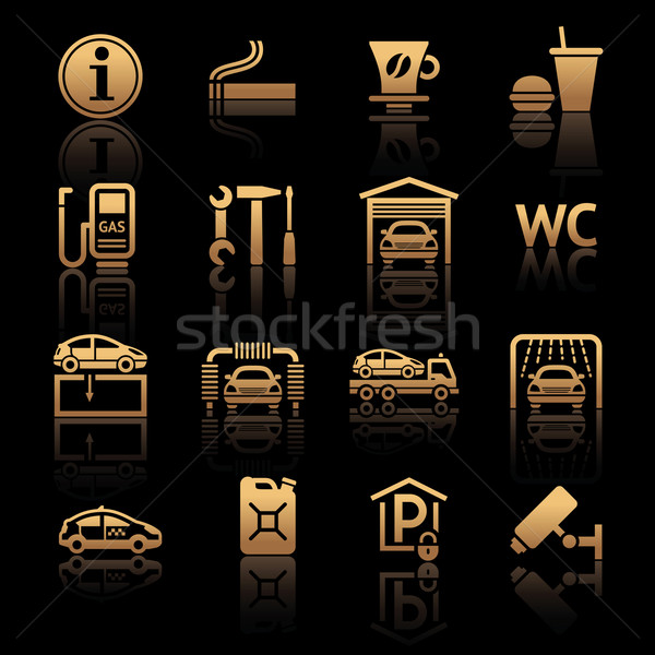 Ingesteld pictogrammen tankstation symbolen kant van de weg diensten Stockfoto © Ecelop