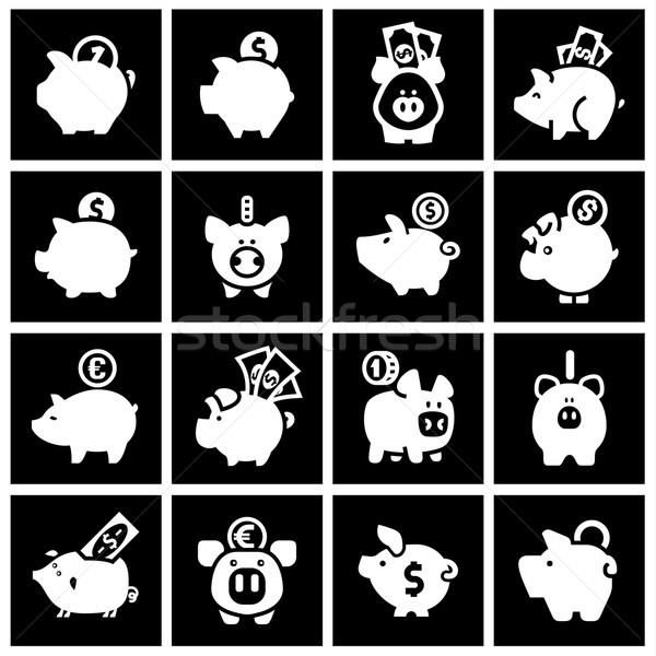 Piggy bank, set white icons on black squares Stock photo © Ecelop