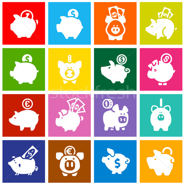 Piggy bank, set white icons on colored squares Stock photo © Ecelop