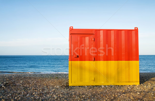 Strand cabine zonsondergang zomervakantie Rood Geel Stockfoto © Eireann