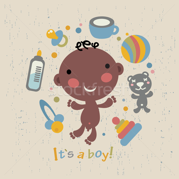 Afro Baby Junge Ankunft Ankündigung Karte Stock foto © ekapanova