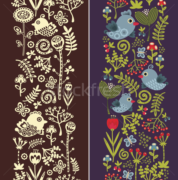 Two seamless vertical patterns with bird, leaves and flowers.  Stock photo © ekapanova