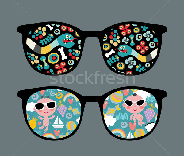 Stock photo: Retro sunglasses with snake and boy reflection.