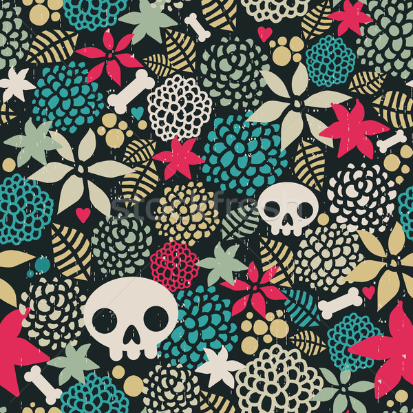 Stock photo: Big skulls and flowers seamless background. 