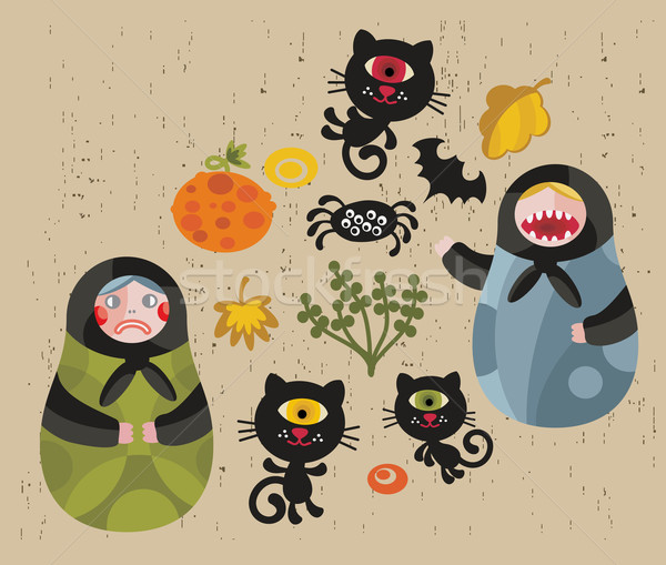 Halloween icons with matreshka and cats.  Stock photo © ekapanova