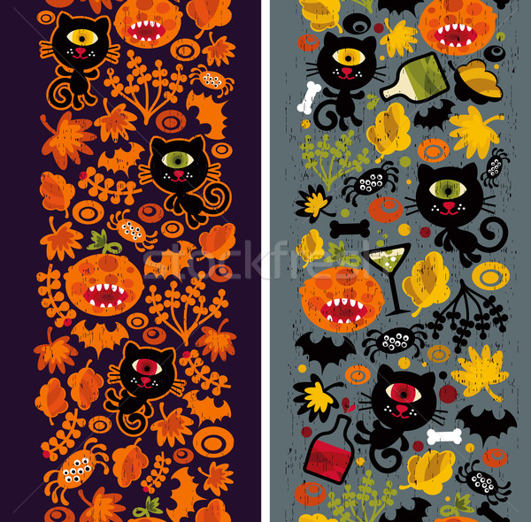 Stock photo: Two seamless vertical patterns with black cat, leaves and pumpkins. 