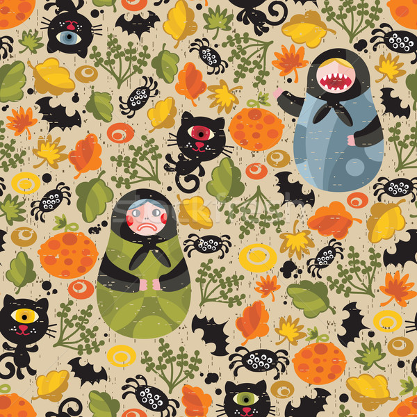 Seamless pattern with matreshka and black cats.  Stock photo © ekapanova