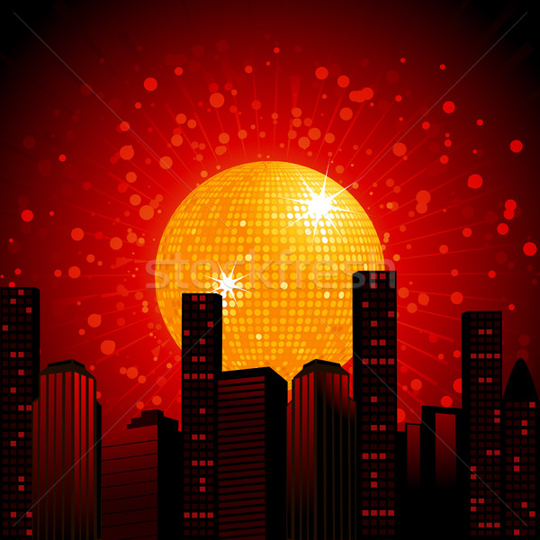 Stock photo: Golden disco ball over abstract cityscape