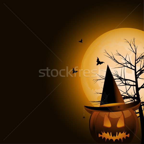 Foto d'archivio: Zucca · di · halloween · strega · luna · piena · albero · faccia · luce