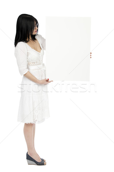Stock foto: Sommer · Kleid · Frau · halten · Zeichen · Seitenansicht