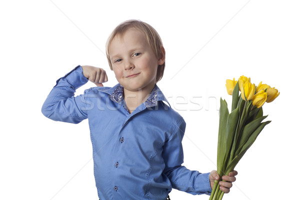 Stock fotó: Fiú · virág · pozitív · 5 · éves · gyermek · kék