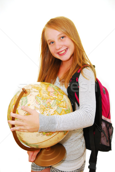 Inapoi la scoala tineri zâmbitor rucsac glob Imagine de stoc © elenaphoto