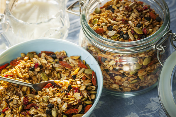 Stok fotoğraf: Ev · yapımı · granola · mavi · çanak · süt