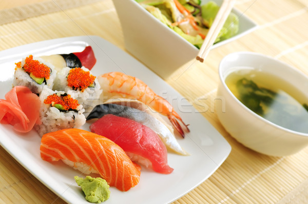 Sushi lunch soep groene salade voedsel Stockfoto © elenaphoto