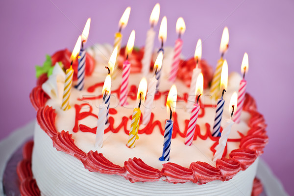 Birthday cake with lit candles Stock photo © elenaphoto