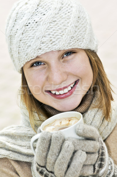 Stock fotó: Tél · lány · tinilány · kalap · csésze · forró · csokoládé