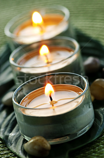 蠟燭 燃燒 玻璃 綠葉 光 綠色 商業照片 © elenaphoto