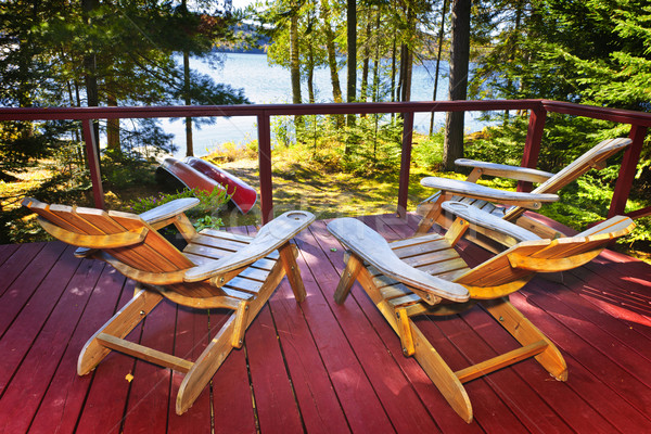 [[stock_photo]]: Forêt · chalet · pont · chaises · bois · lac