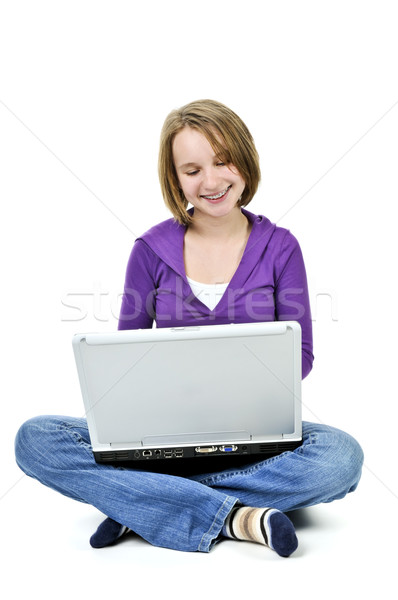 Stock fotó: Lány · számítógép · fiatal · lány · ül · kereszt · laptop · számítógép
