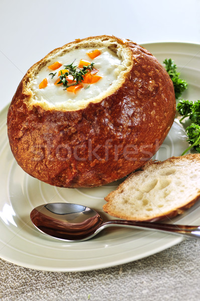 Suppe Brot Schüssel Mittagessen serviert gebacken Stock foto © elenaphoto