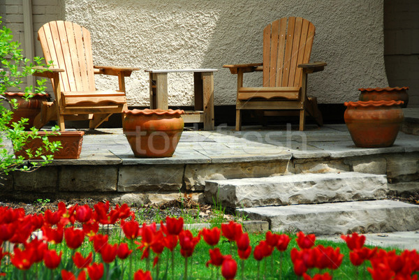 Haus Terrasse Holz Stühle Blumen home Stock foto © elenaphoto