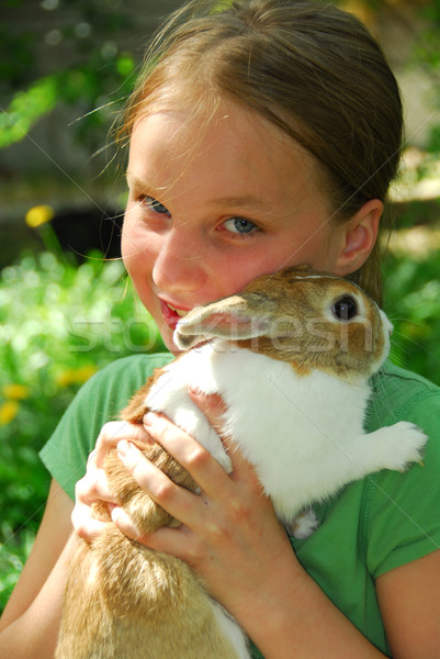 Bunny portret jong meisje buiten Pasen Stockfoto © elenaphoto