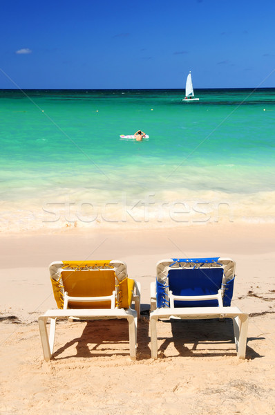 Stok fotoğraf: Sandalye · kumlu · tropikal · plaj · iki · tatil · caribbean