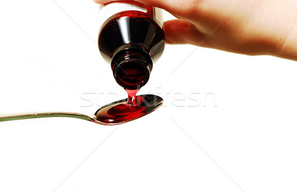 Foto stock: Tos · jarabe · mano · médico · botella · drogas