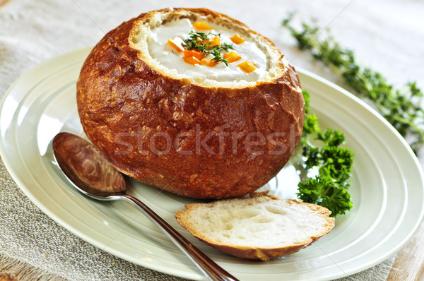 Soup in bread bowl Stock photo © elenaphoto