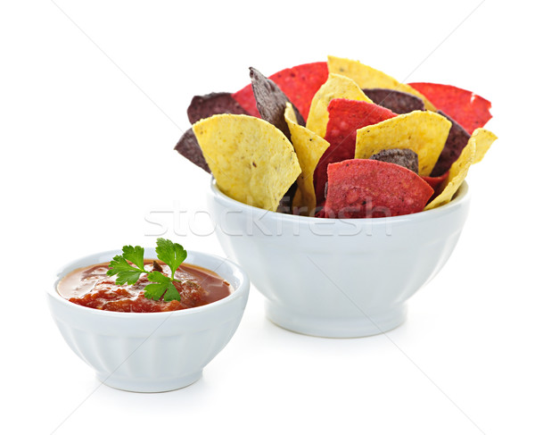Tortilla sültkrumpli salsa tál színes izolált Stock fotó © elenaphoto