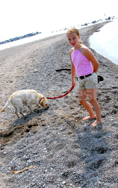 Girl walking dog Stock photo © elenaphoto
