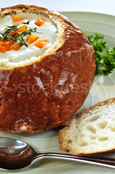 Suppe Brot Schüssel Mittagessen serviert gebacken Stock foto © elenaphoto