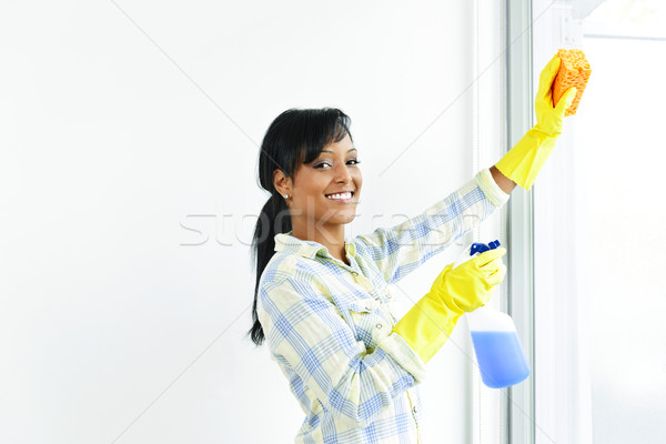Smiling woman cleaning windows Stock photo © elenaphoto