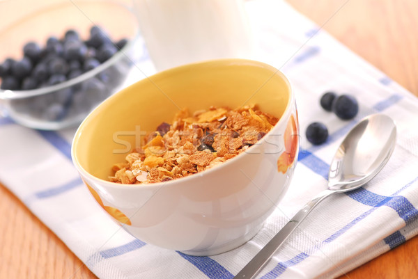 Foto d'archivio: Sani · colazione · cereali · per · la · colazione · latte · mirtilli · servito