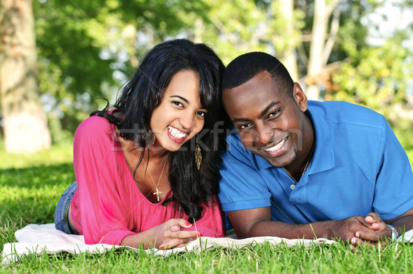 Stockfoto: Gelukkig · paar · park · jonge · romantische · genieten