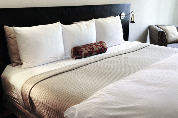 Stockfoto: Slaapkamer · comfortabel · bed · neutraal · kleuren · huis