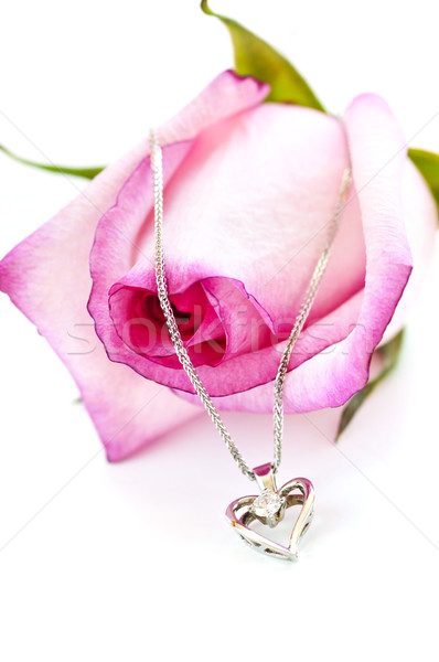 Foto stock: Diamante · colar · rosa · coração · flores