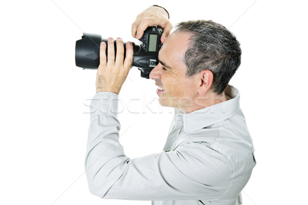 Fotós kamera portré férfi izolált fehér Stock fotó © elenaphoto