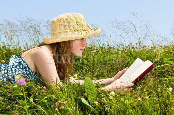 Young girl reading book in meadow Stock photo © elenaphoto