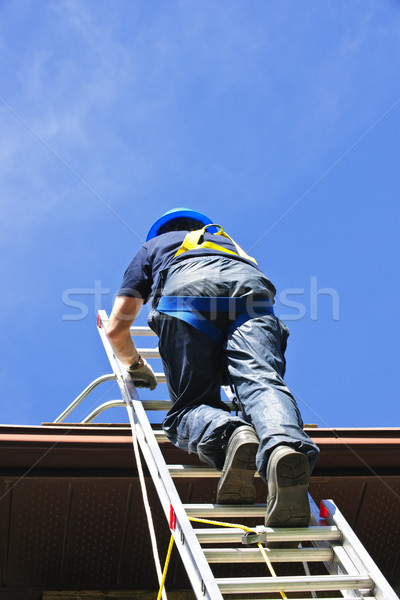 Pracownik budowlany wspinaczki drabiny niebo budowy domu Zdjęcia stock © elenaphoto