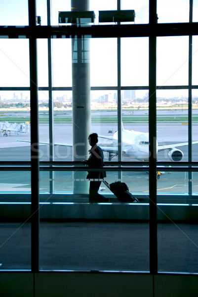 Nő repülőtér sétál csomagok kék repülőgép Stock fotó © elenaphoto