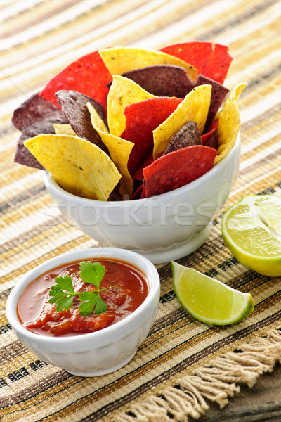 Tortilla cips salsa çanak renkli kireç Stok fotoğraf © elenaphoto