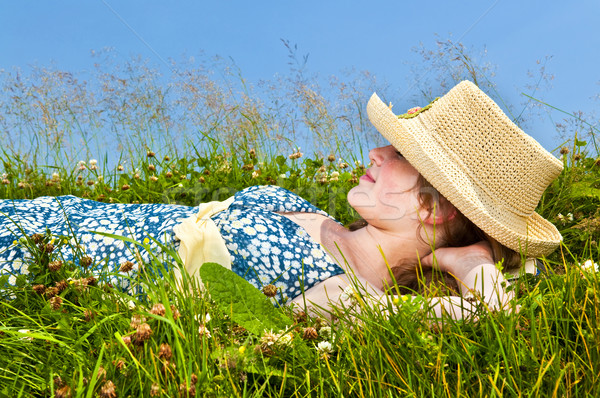 Foto stock: Jovem · prado · jovem · verão