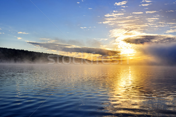 [[stock_photo]]: Sunrise · brumeux · lac · soleil · parc