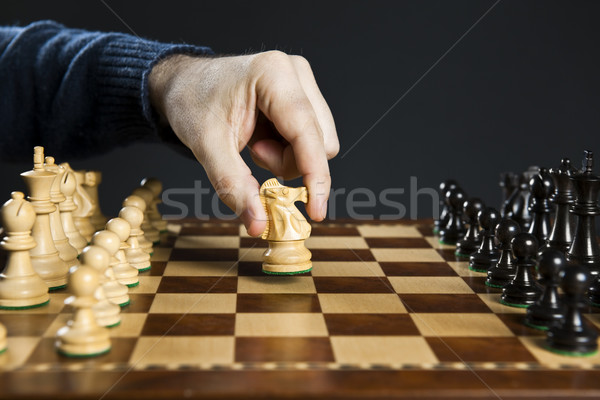 Hand bewegende ridder schaakbord schaakstuk houten Stockfoto © elenaphoto