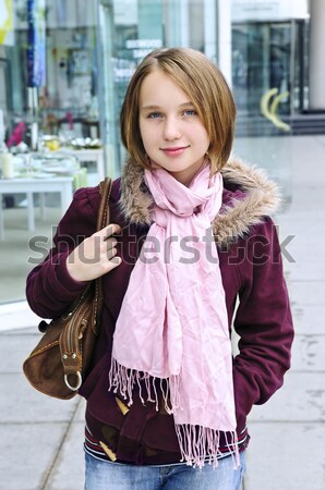 Asian vrouw jonge outdoor mall Blauw Stockfoto © elenaphoto